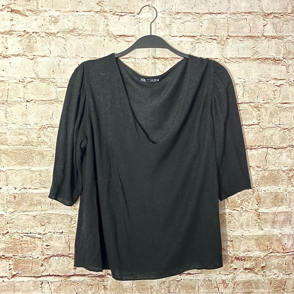 Black Zara V-neck shirt sleeve puffy shoulder top size medium - Picture 1 of 6